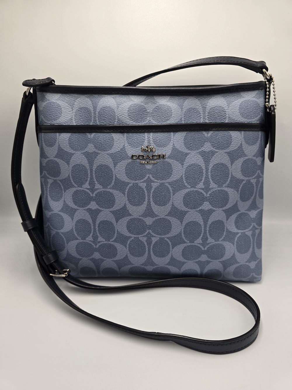 COACH 29210 Lt Denim Blue Coated Canvas Signature File Crossbody Bag Navy Trim *